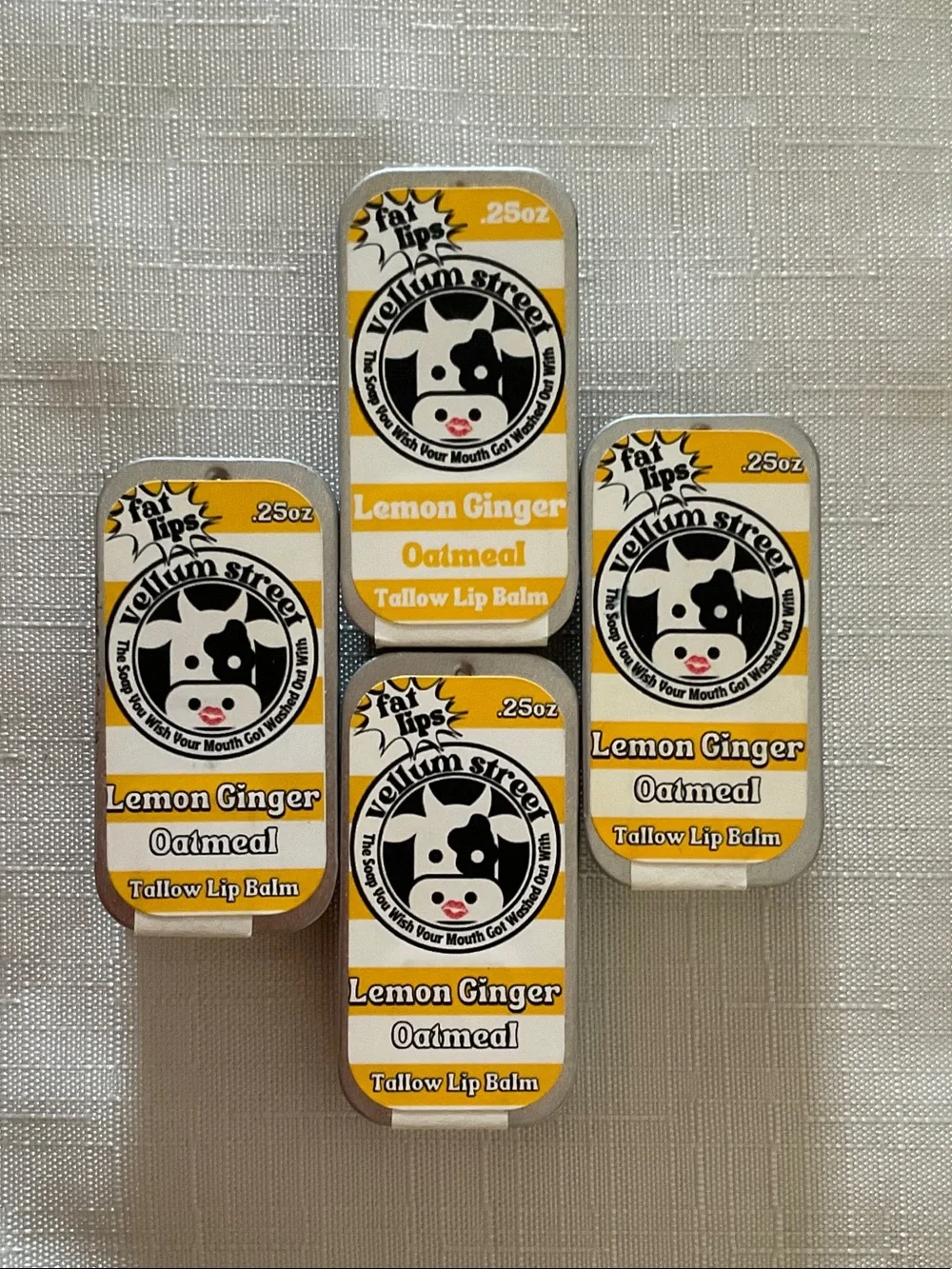 VELLUM STREET Fat Lips Tallow Lip Balm Bundle Set of 4 Lemon Ginger Oatmeal